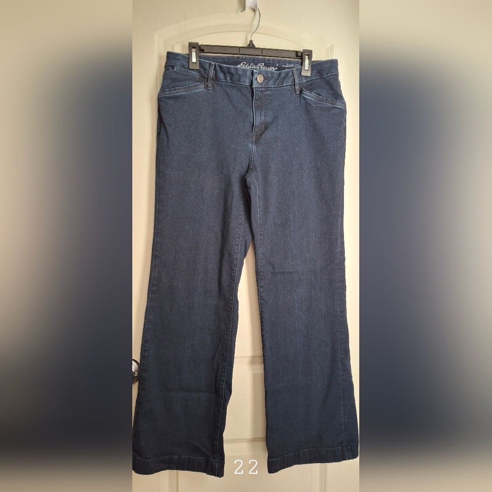Eddie Bawer Striaght Wide Dark Blue Denim Jeans Sz 14 Strechy Casial Western Boh